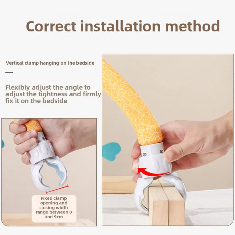 Hands demonstrate the correct installation method for a vertical clamp hanging on a bedside, showing how to adjust the angle 
