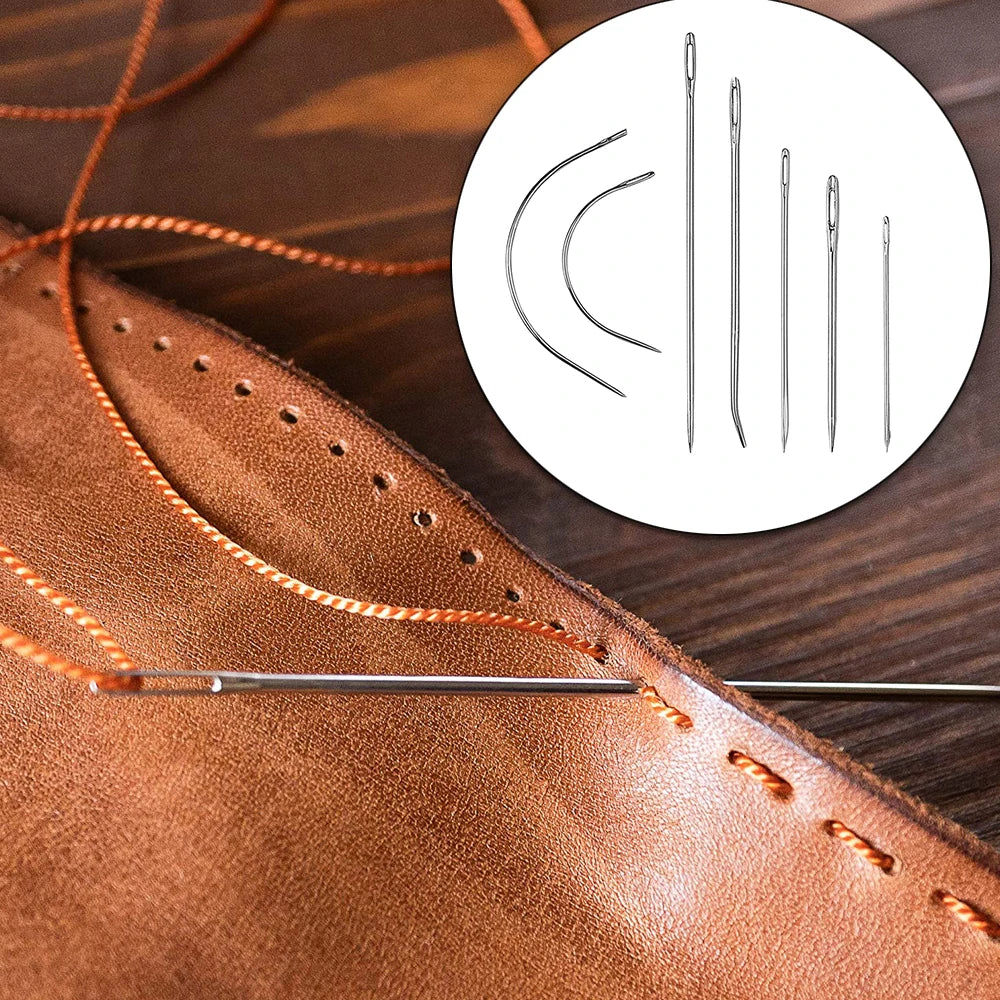A close-up of a brown leather piece with orange thread and silver sewing needles, next to an illustration of various needles.