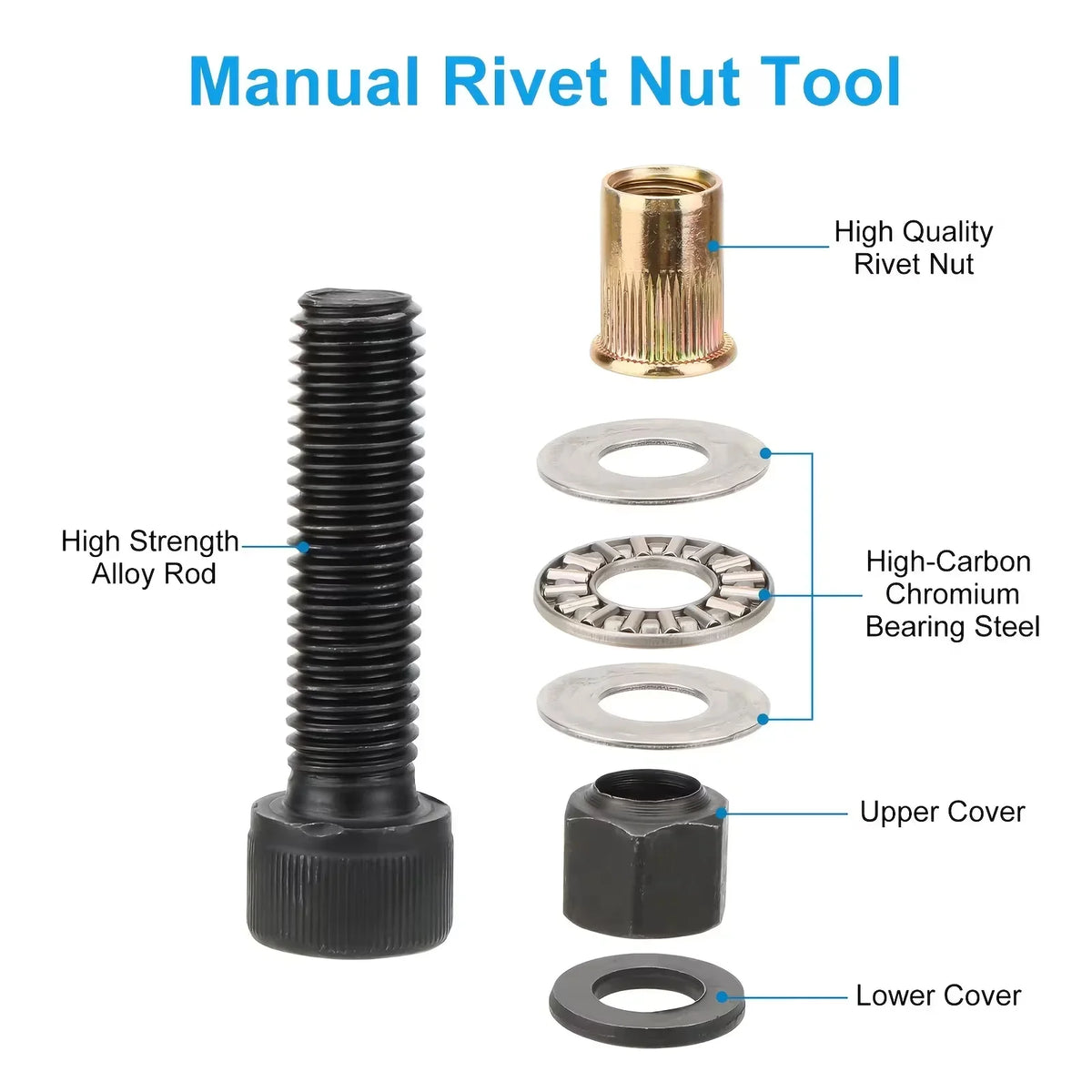 A set of 7 pieces including a rivet nut, alloy rod, bearing steel, upper cover, and lower cover for a manual rivet nut tool k