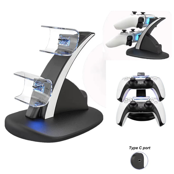 Dual-Ladesationsstation für PS5 Controller mit Ständer und Type-C-Anschluss.