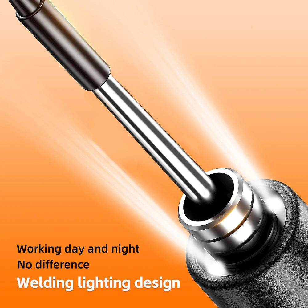 Close-up of a soldering iron tip emitting bright light against an orange background, highlighting the welding lighting design
