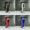 Four views of aluminum alloy car door lock pins in various colors including black, silver, red, and blue.
