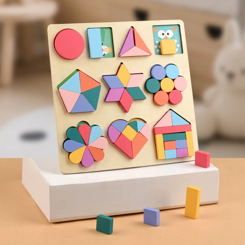 A wooden rainbow shape puzzle featuring colorful geometric shapes arranged on a light background.