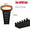 Black heavy-duty wrench organizer tray with an orange grip and various sized wrench openings for workshop storage