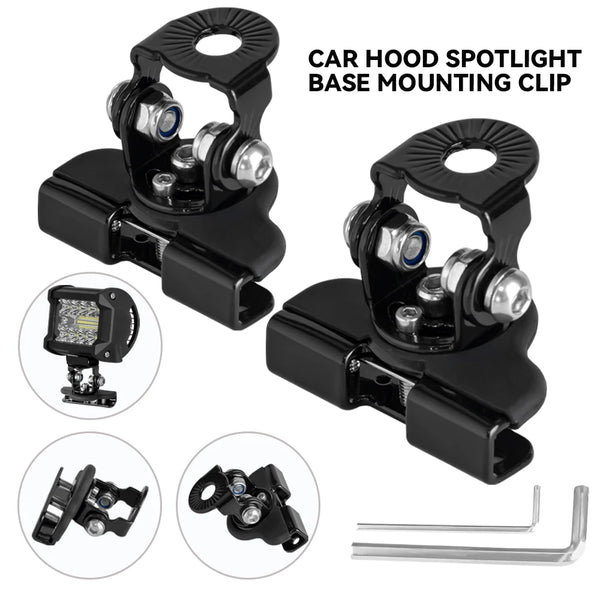 Car hood spotlight base mounting clip and related brackets for LED light bars