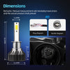 Diagrams and dimensions of an Ultra-Bright 6500K LED headlight bulb with a silent fan, showing plug and buckle configurations