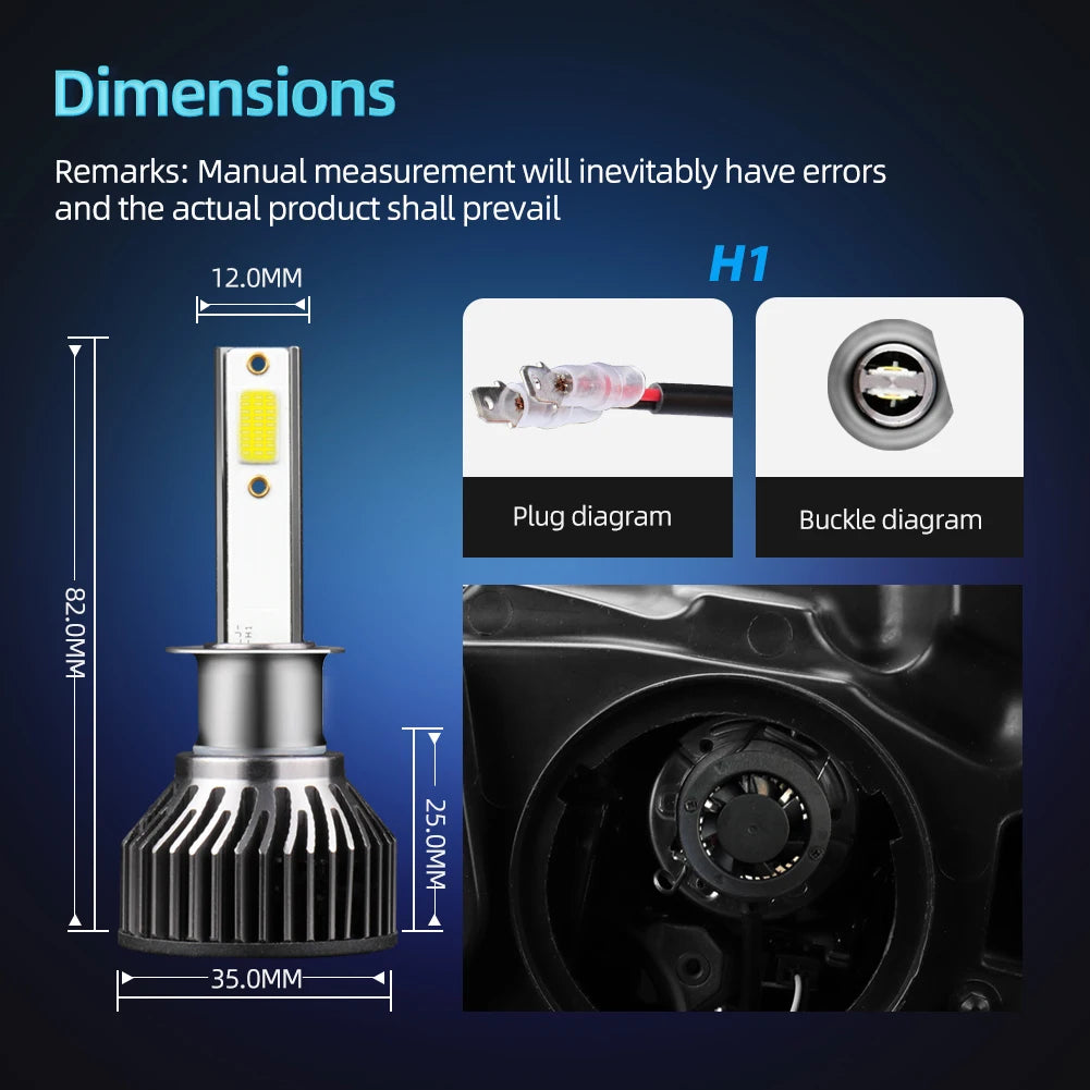 Diagrams and dimensions of an Ultra-Bright 6500K LED headlight bulb with a silent fan, showing plug and buckle configurations