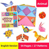 Origami paper craft kit featuring various animal patterns and folded paper shapes for children