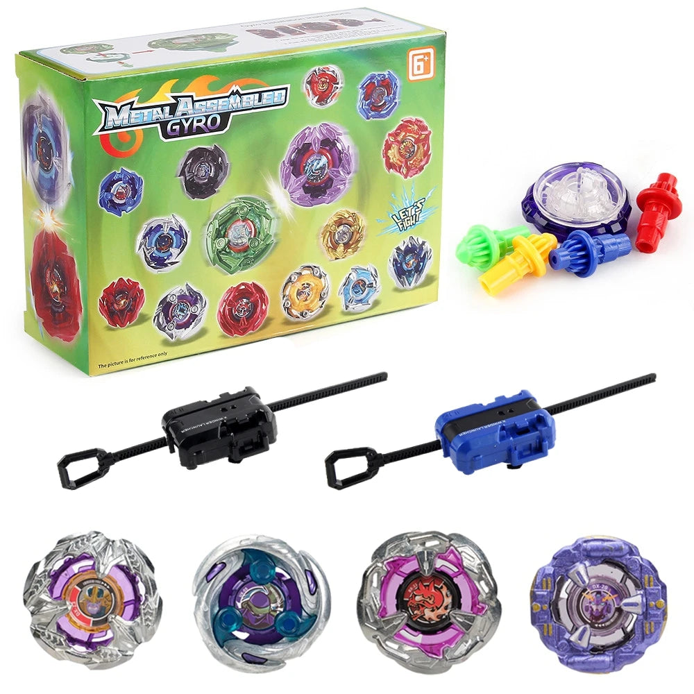 Metal Assemble Gyro spinning top battle set with launchers and various colored tops