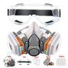 A set of half face respirator mask and anti-fog safety goggles with various components shown.
