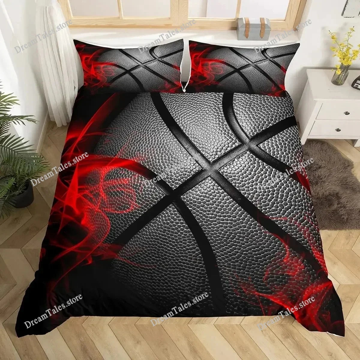 Black duvet cover featuring a motivational pattern of red flames and black lines on a leather-like texture.