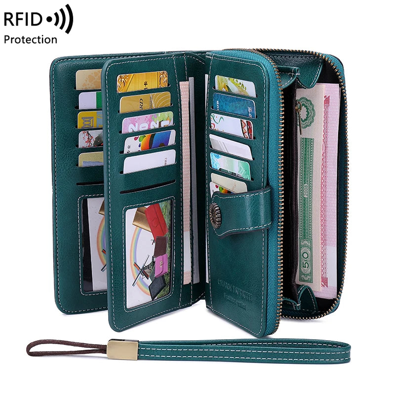 Vintage RFID-Blocking Large Capacity Wallet with Wrist Strap