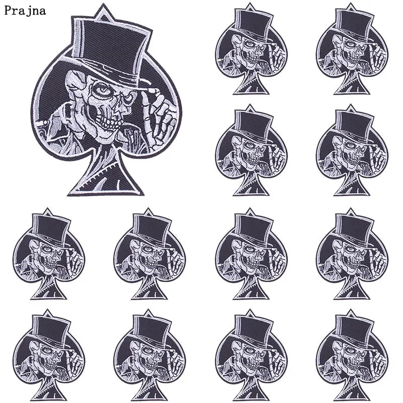 A set of ten embroidered iron-on patches featuring skulls and horror imagery with top hats.