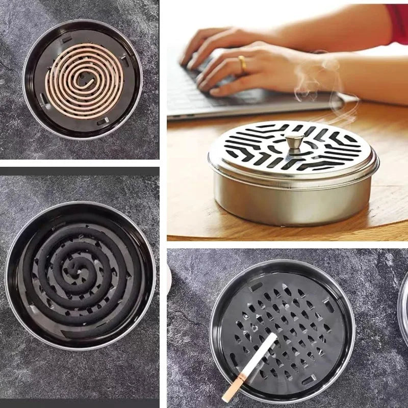 Stainless steel mosquito coil holder with lid shown in various views and usage context.