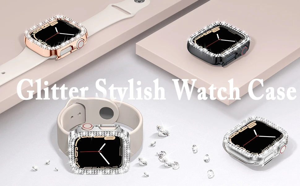 Funda tipo bumper con pedrería brillante para Apple Watch, vista desde varios ángulos y accesorios.