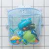 A light blue mesh bag shaped like a duck with suction cups, holding various bath toys inside.