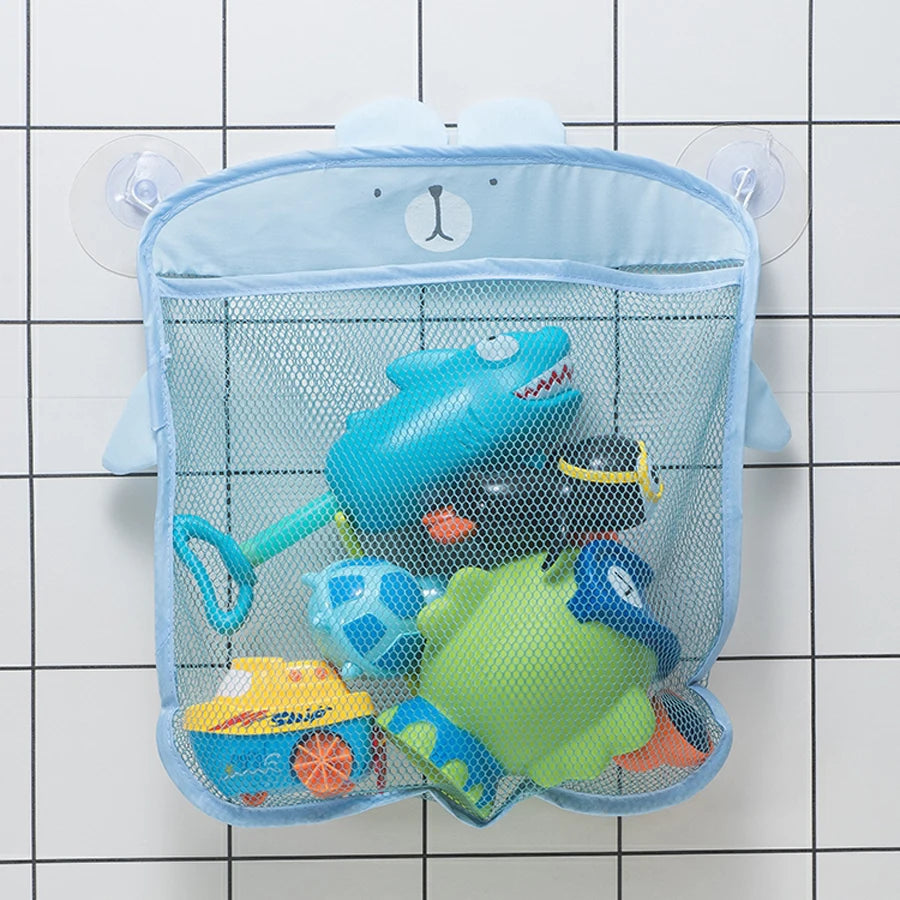 A light blue mesh bag shaped like a duck with suction cups, holding various bath toys inside.