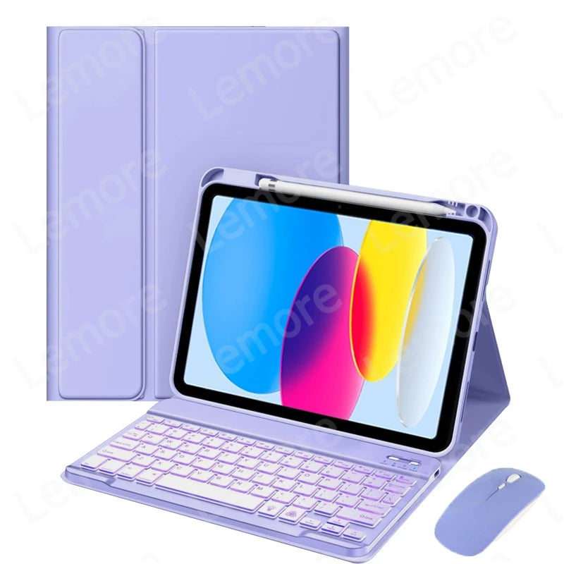 A purple iPad keyboard case with a built-in keyboard and a pencil holder is shown next to a wireless mouse.