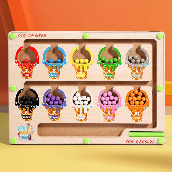 Wooden magnetic color sorting maze board with ice cream shaped compartments for kids