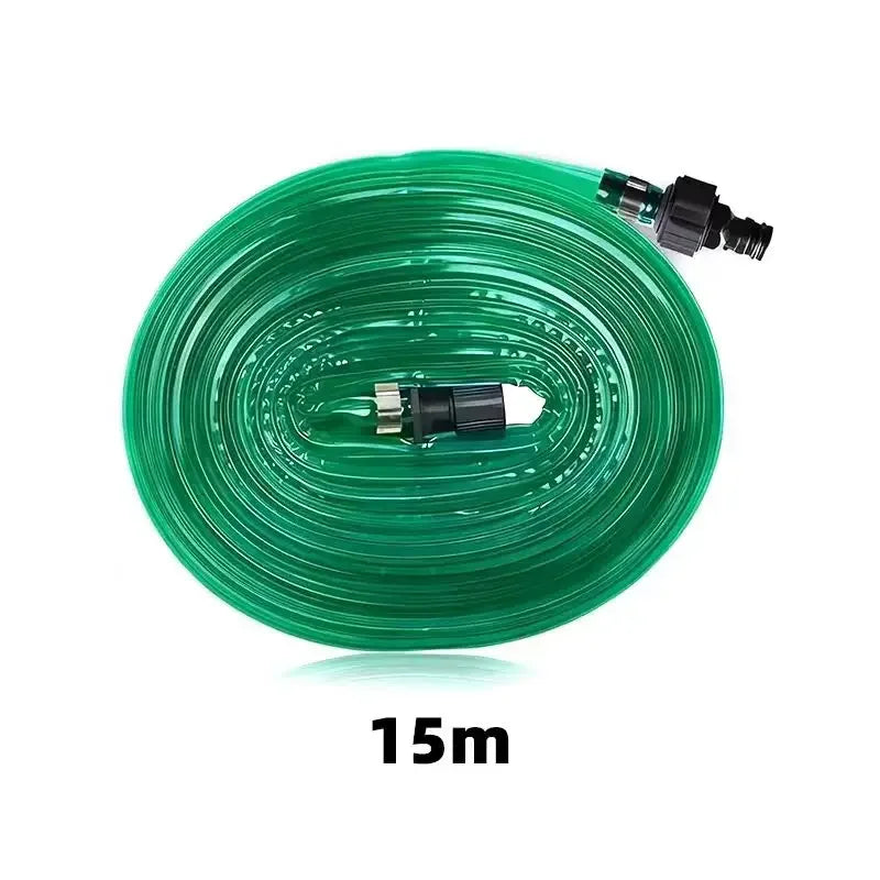 A coil of green flat soaker hose with a spray nozzle, measuring 15 meters long.