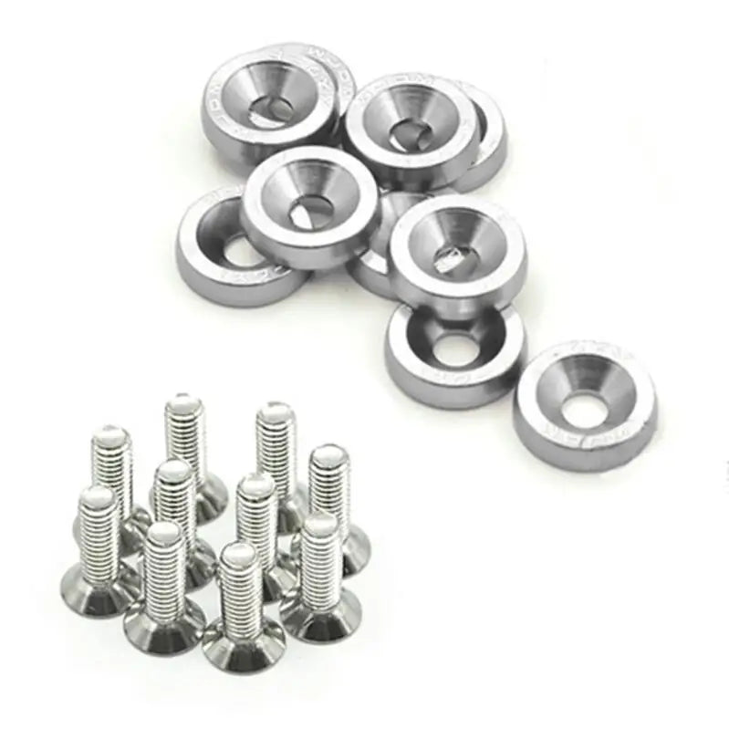 A set of aluminum JDM fender washers and bolts, including various sized washers and threaded bolts.