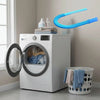 A white washing machine is shown next to a flexible blue vacuum hose used for dryer vent cleaning.