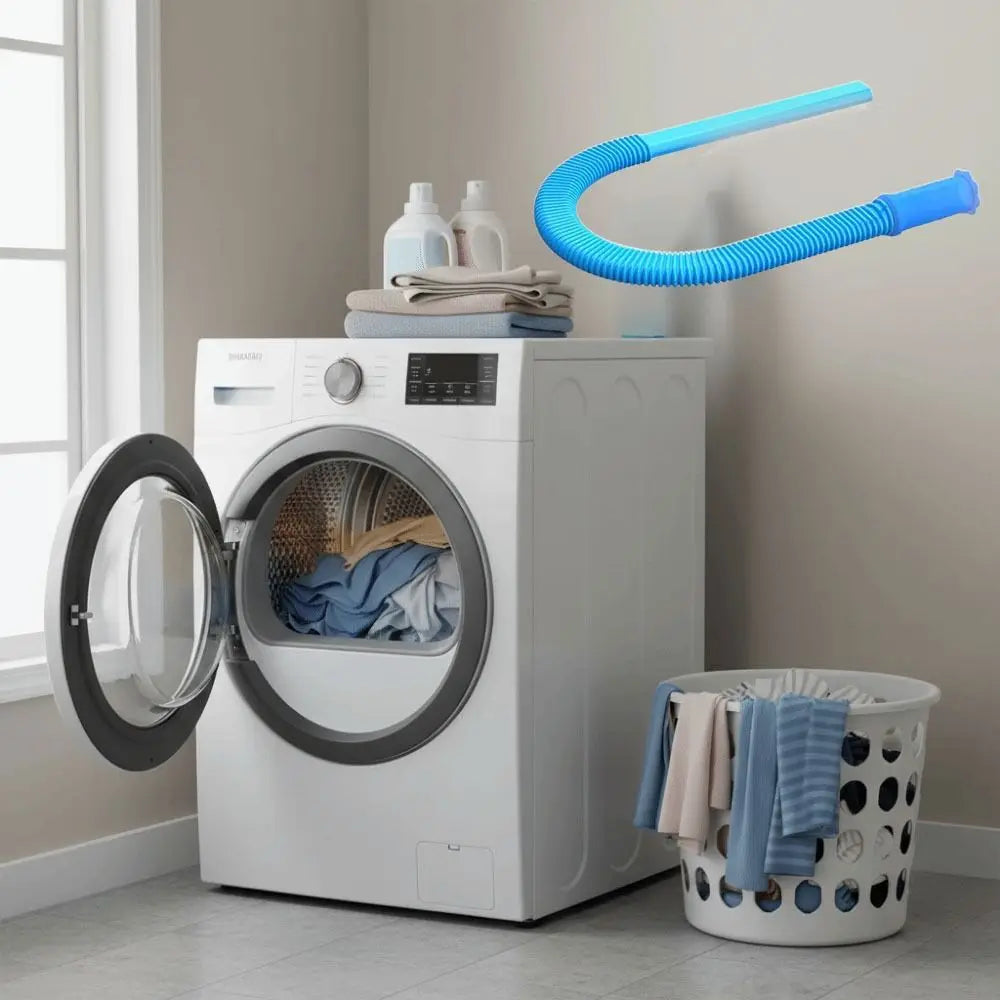 A white washing machine is shown next to a flexible blue vacuum hose used for dryer vent cleaning.