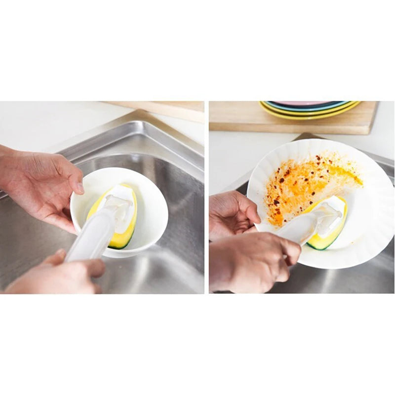 Hands dispense dish wand soap using a brush with replacement sponge heads into a stainless steel sink.