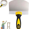 A yellow and black putty knife with an ergonomic handle is shown next to a white block and a person using it to work on a woo