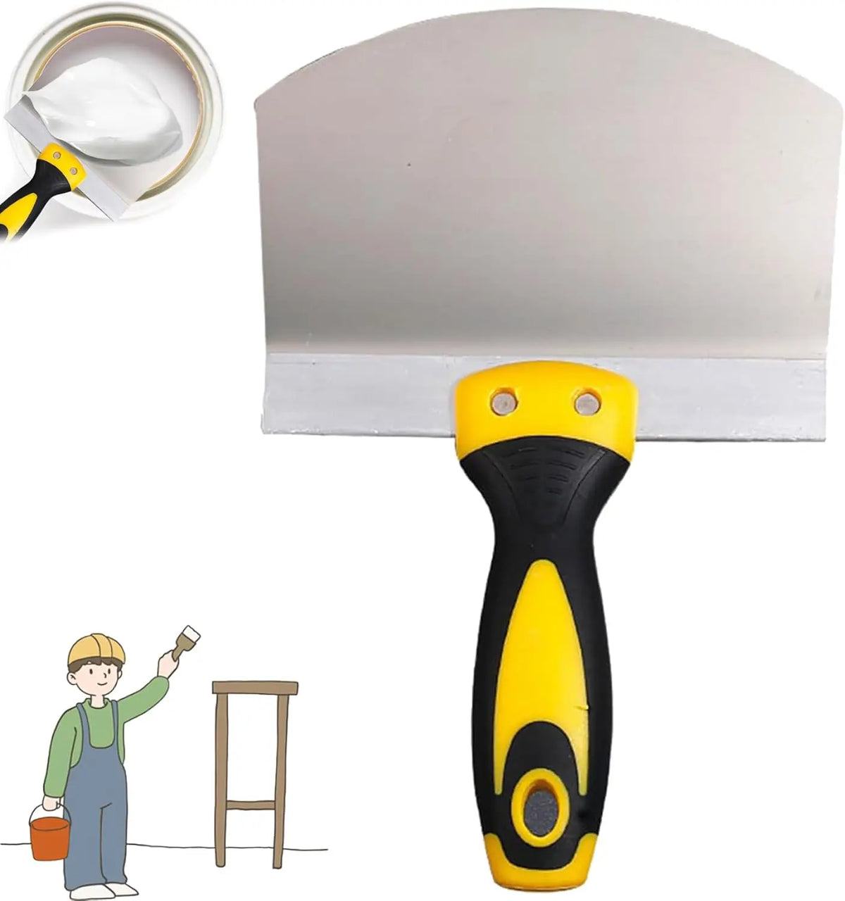 A yellow and black putty knife with an ergonomic handle is shown next to a white block and a person using it to work on a woo