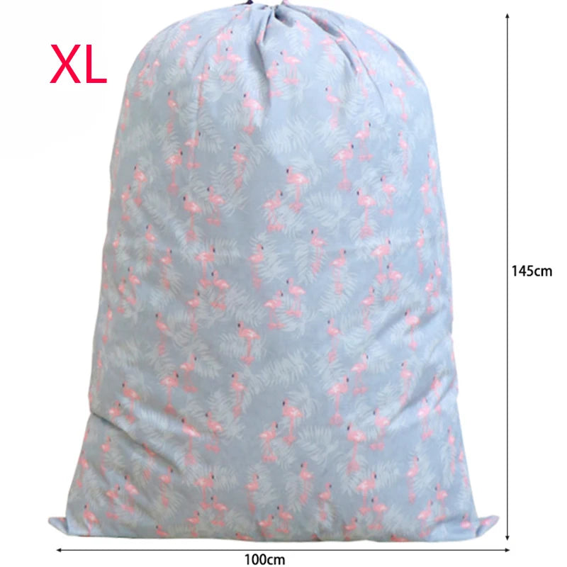 Large capacity XL drawstring laundry bag made of waterproof oxford cloth with a light blue and pink floral pattern.