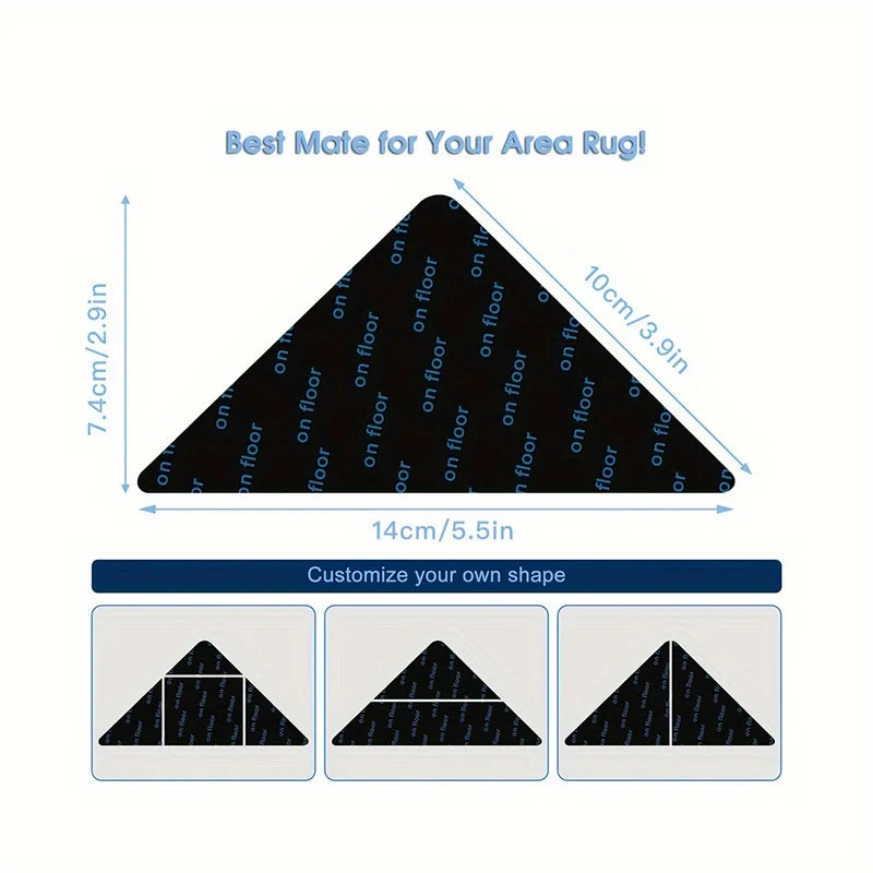 A triangular non-slip rug gripper designed to fit a specific area rug shape.