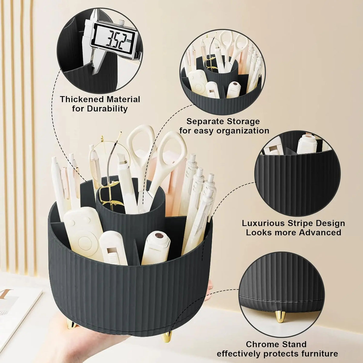 A black makeup brush holder with a textured design showing various brushes and accessories.