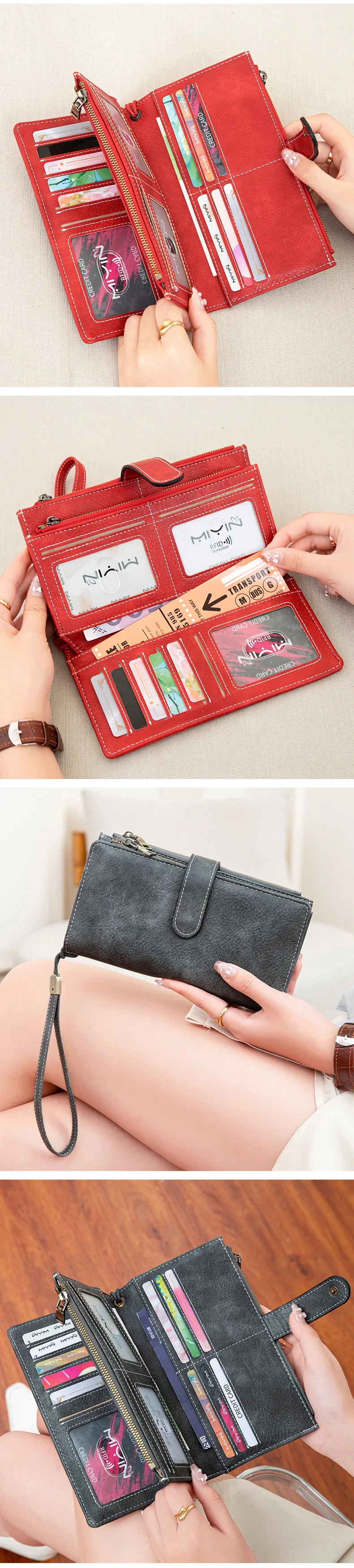 Vintage RFID-Blocking Long Wallet with Wristlet Strap