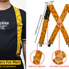 Yellow and black elastic X-back suspenders for men featuring metal size adjusters and PU leather cross patches