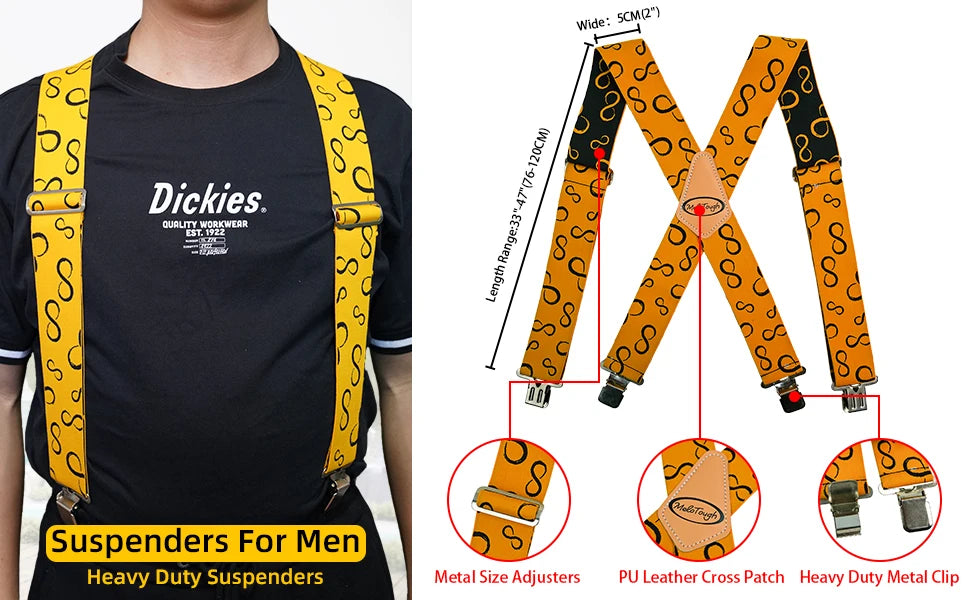 Yellow and black elastic X-back suspenders for men featuring metal size adjusters and PU leather cross patches