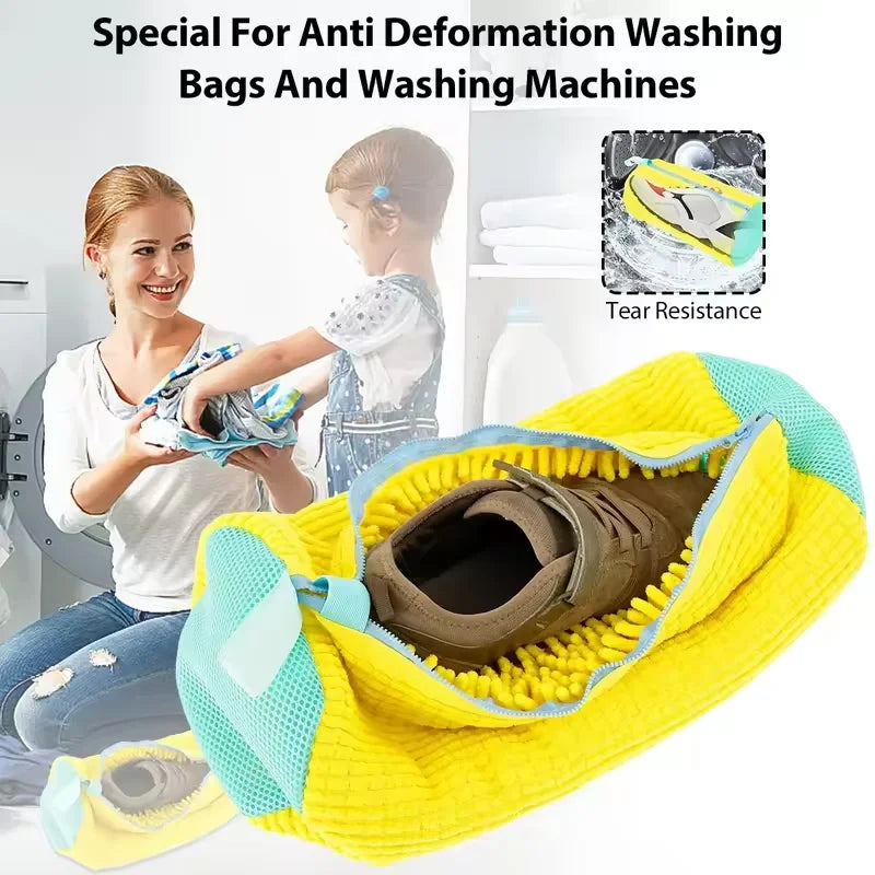 Yellow mesh shoe wash bag with soft protective lining shown next to a woman and a child.