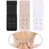 Three versions of a soft stretch bra extender with hook adjustment shown next to a hand demonstrating its use on the back