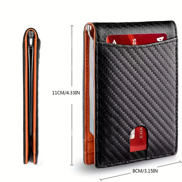 A black leather wallet with a money clip and RFID blocking features shown in profile and detail.