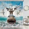 A shower curtain featuring a playful raccoon riding a shark and other marine animals against a blue ocean background.