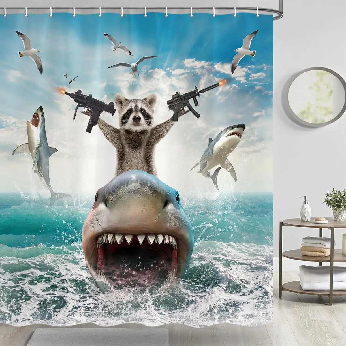 A shower curtain featuring a playful raccoon riding a shark and other marine animals against a blue ocean background.