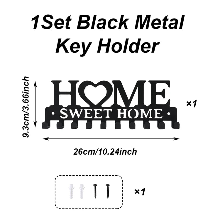 Black Metal Wall-Mounted Key Holder with 10 Hooks