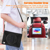 A black shockproof case with a stand for an iPad is being carried on a shoulder strap.