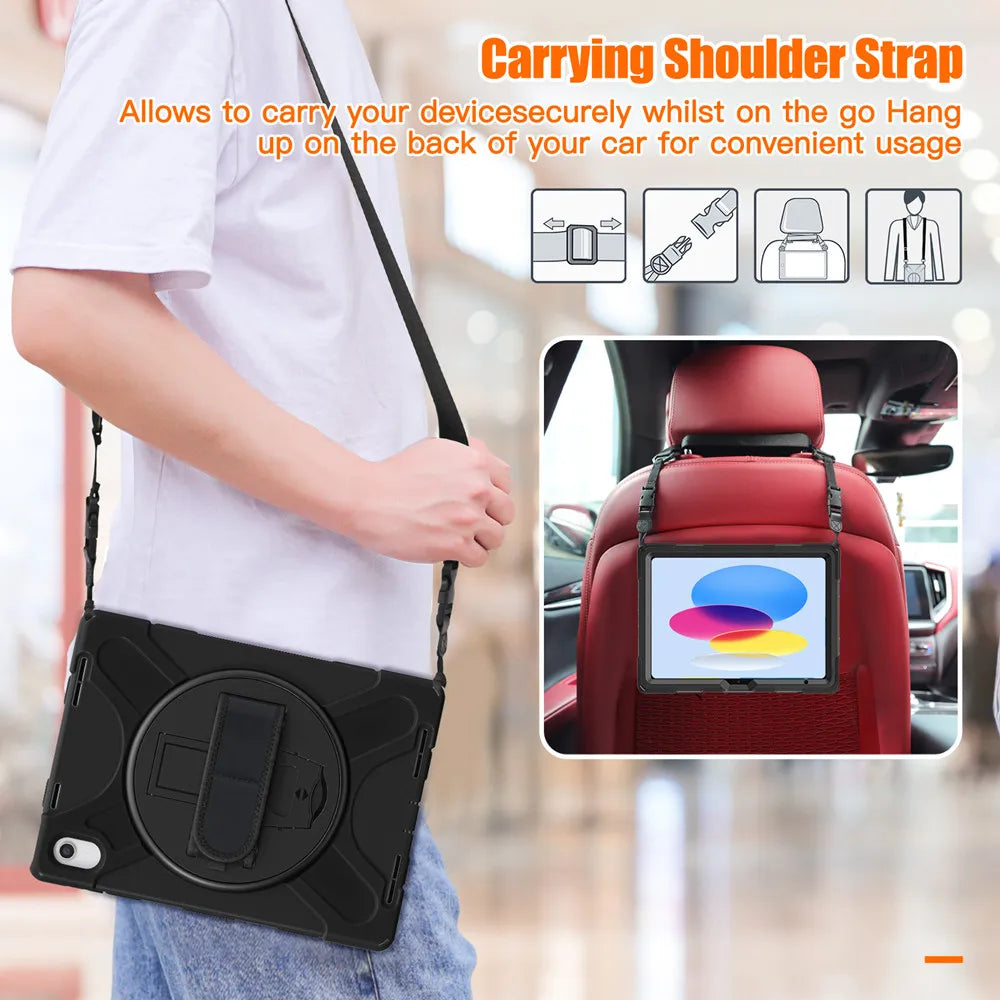 A black shockproof case with a stand for an iPad is being carried on a shoulder strap.