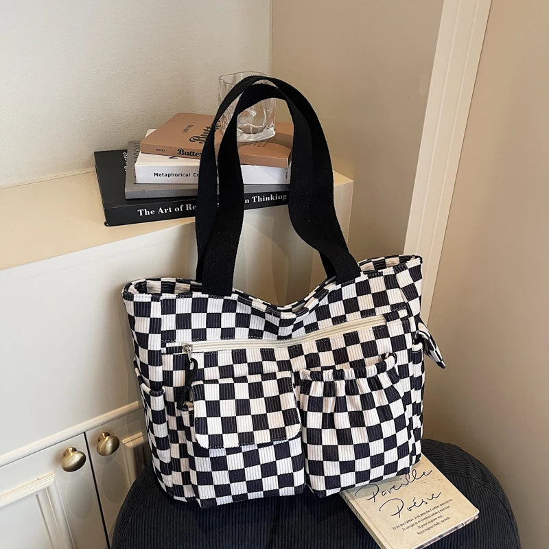 Corduroy Checkerboard Tote Bag with Multiple Pockets