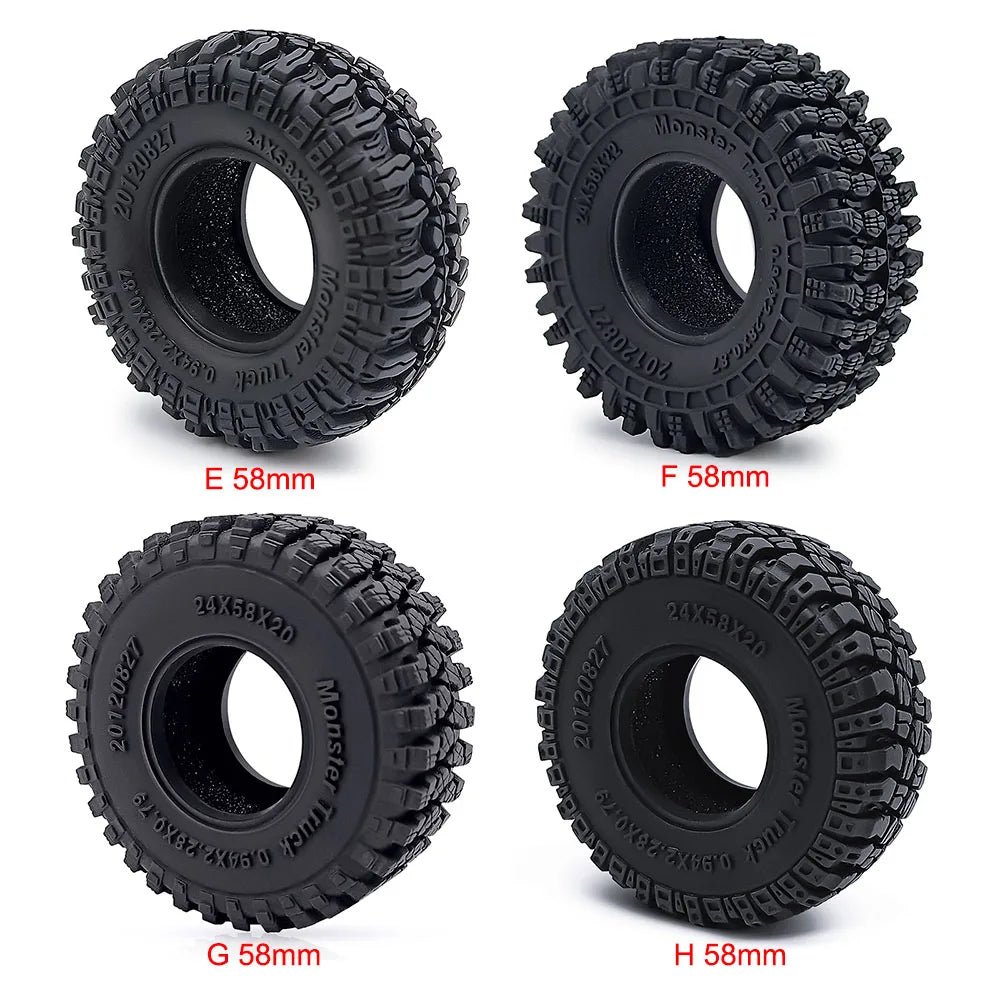 Four black soft rubber tires labeled E, F, G, and H, designed for RC crawler cars.