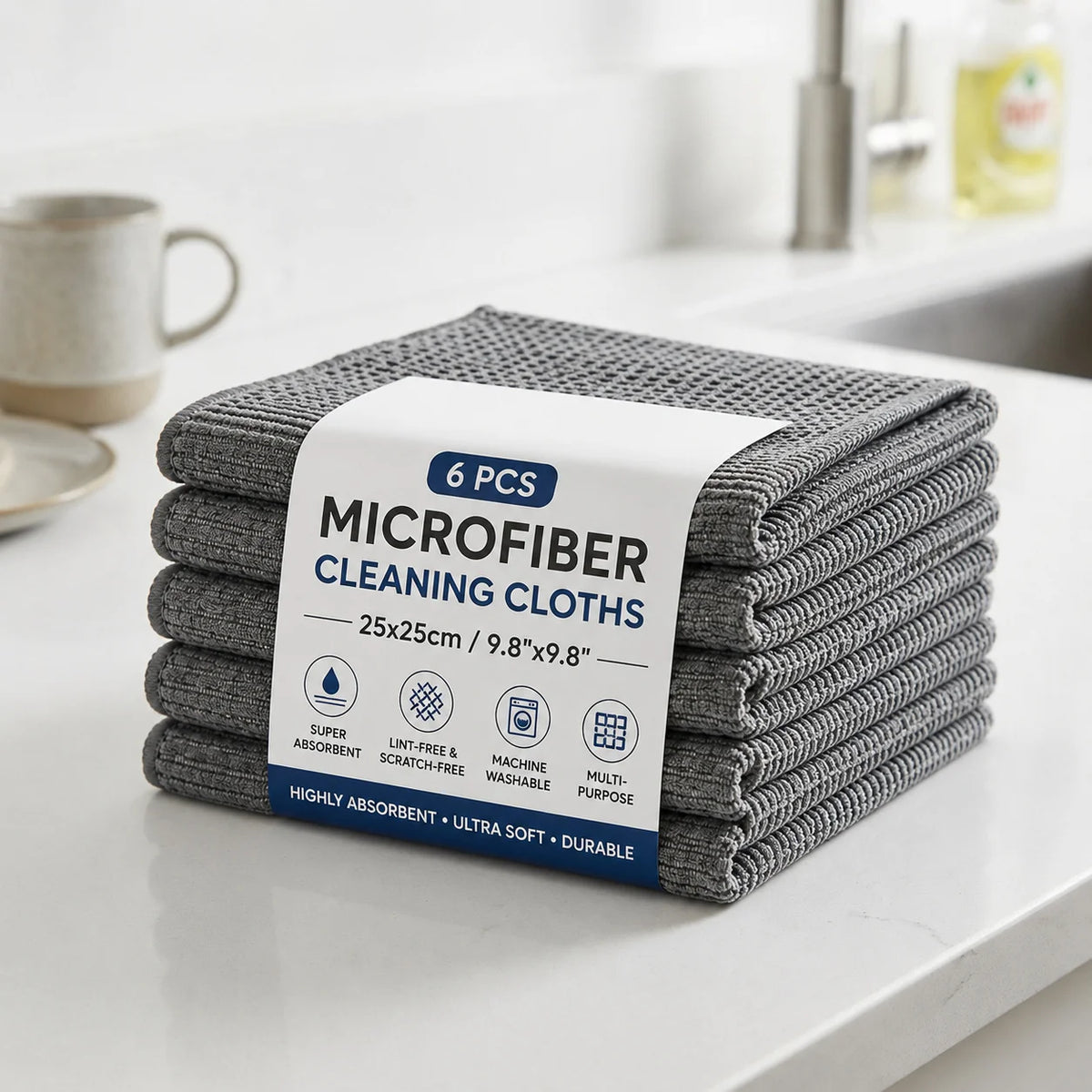 A stack of six gray microfiber cleaning cloths labeled as a set of 6 pcs.