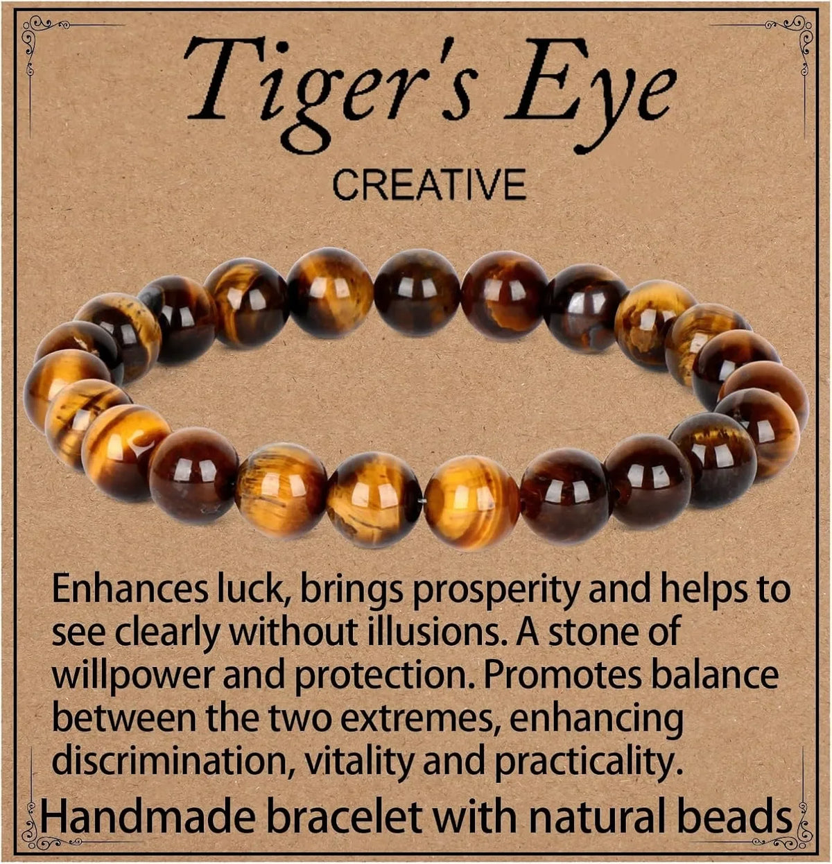 A handmade bracelet made with natural tiger eye beads.