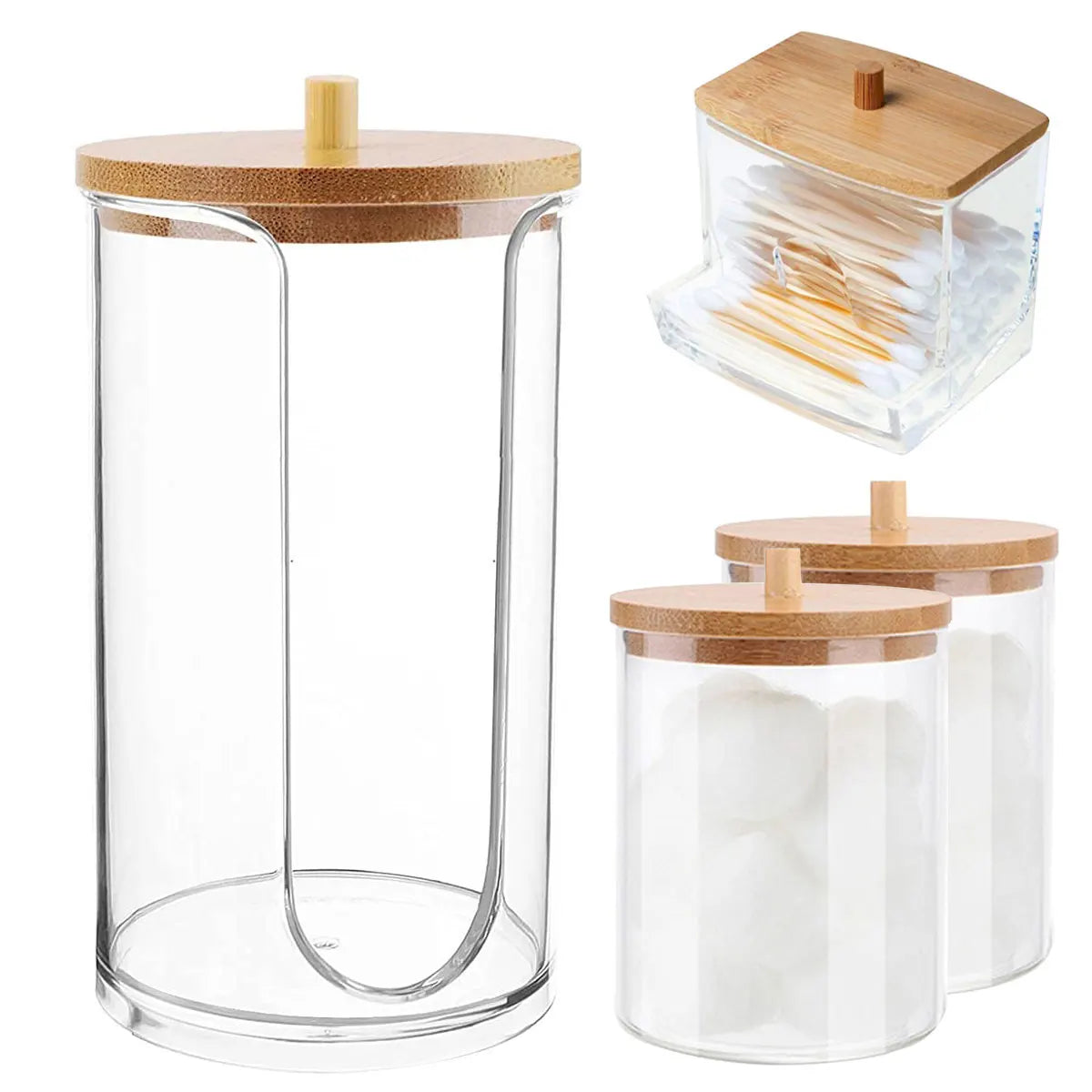 Clear acrylic bathroom storage cylinder with a bamboo lid and a separate cylindrical container.