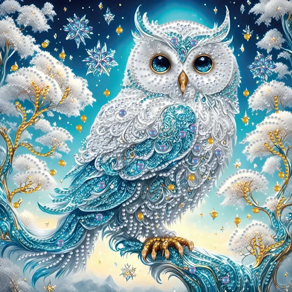 A detailed painting of a majestic owl with blue and white feathers adorned with sparkling crystals against a bright sky.